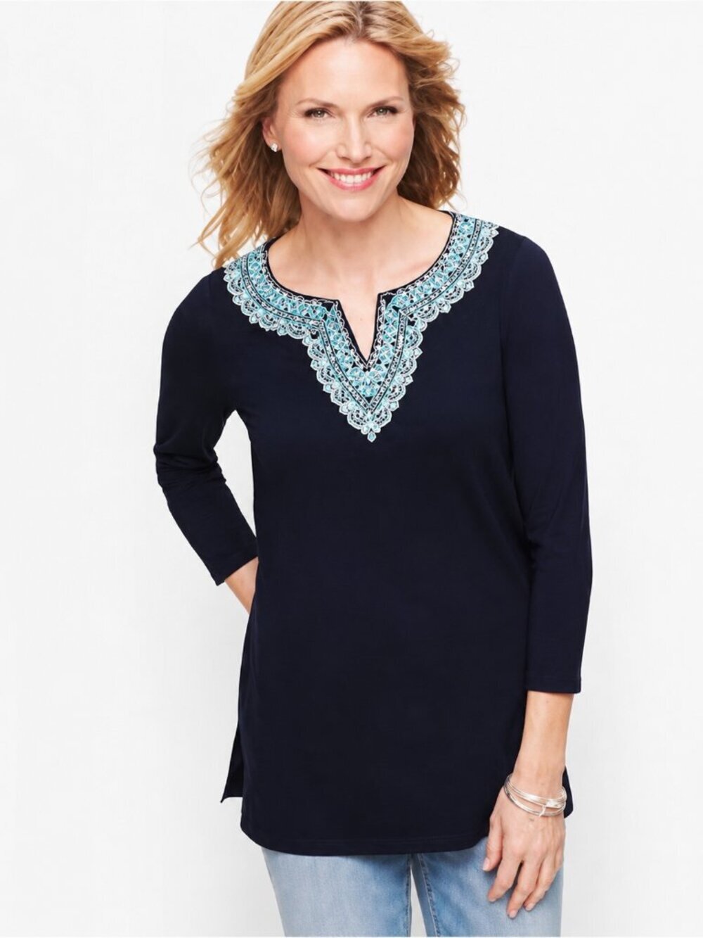 Talbots Navy Teal Embroidered V-Neck Split Neck 3/4 Sleeve Tunic